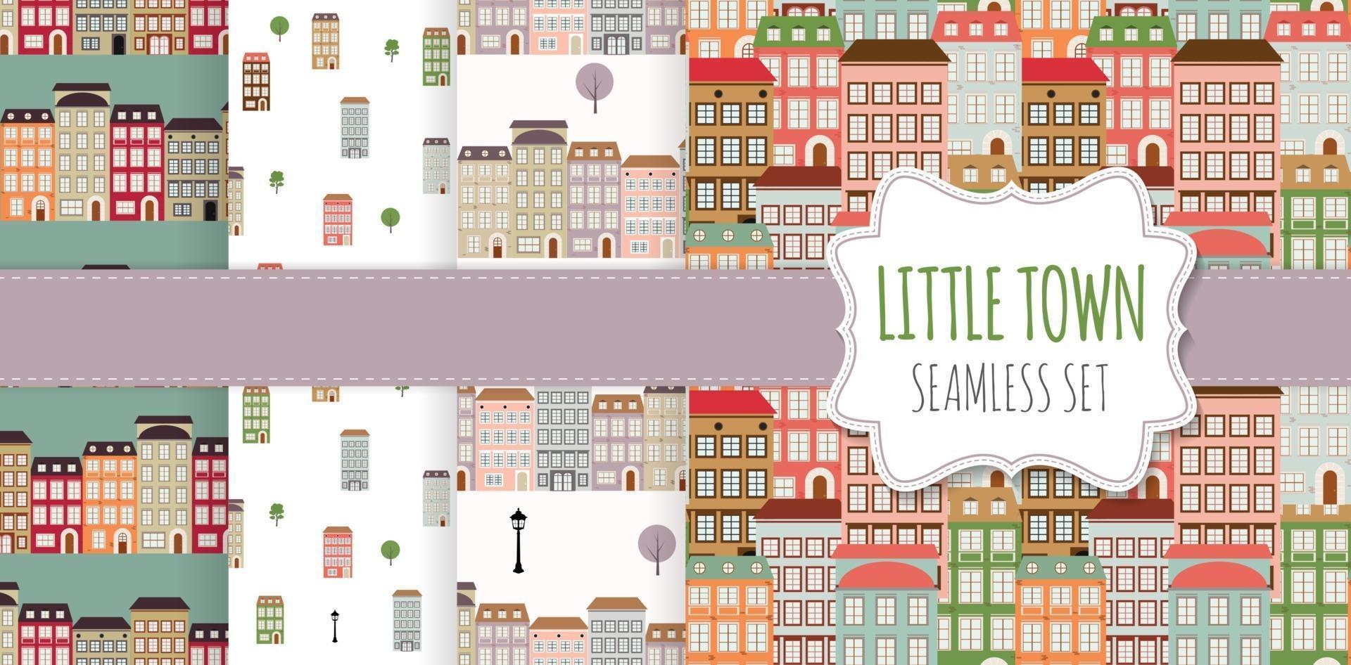 Cute Little Town seamless vector pattern for babies, kids collection set