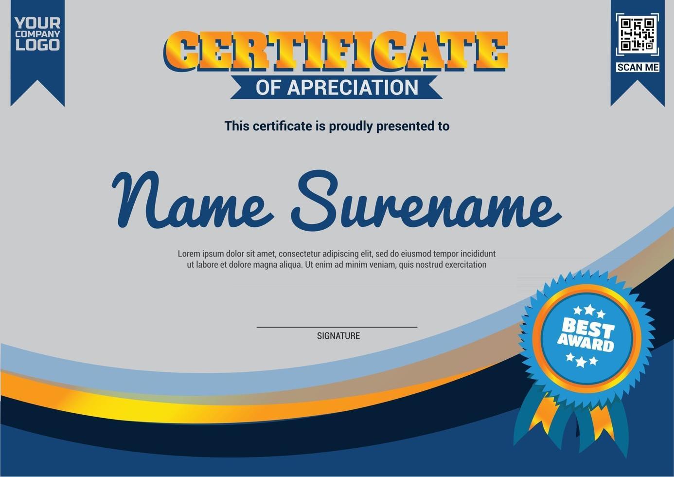 Gradient elegant certificate best award template blue gold vector