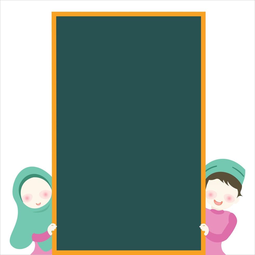 Muslim little boy and girl holding an empty greenboard muslim kids vector