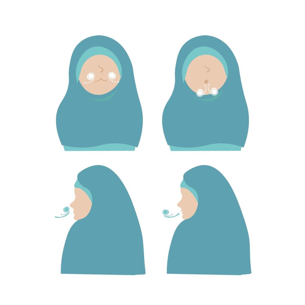 muslim woman doing inhale exhale breathing exercises vector