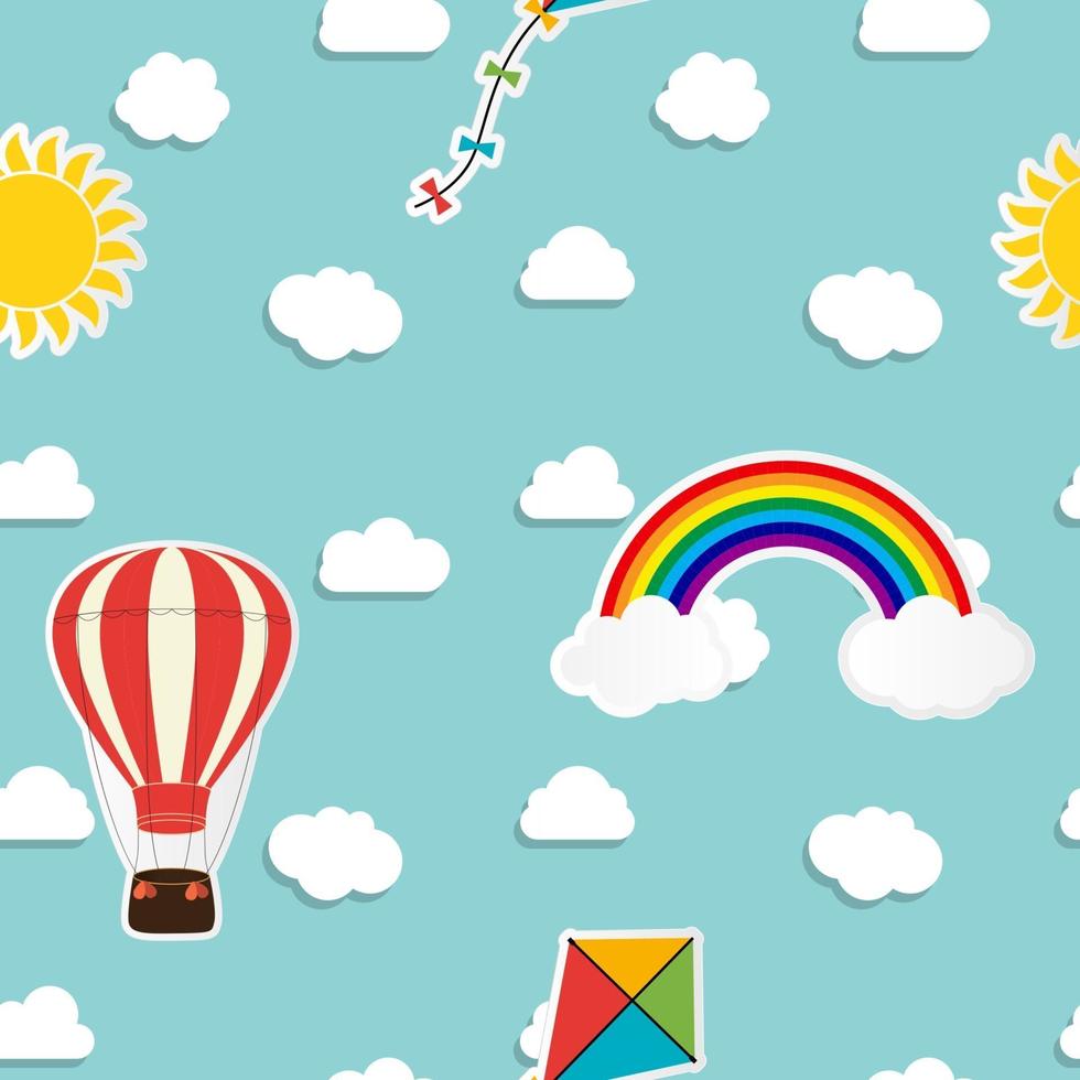 Child seamless pattern background with rainbow, sun, cloud, kite and balloon. Vector Illustration