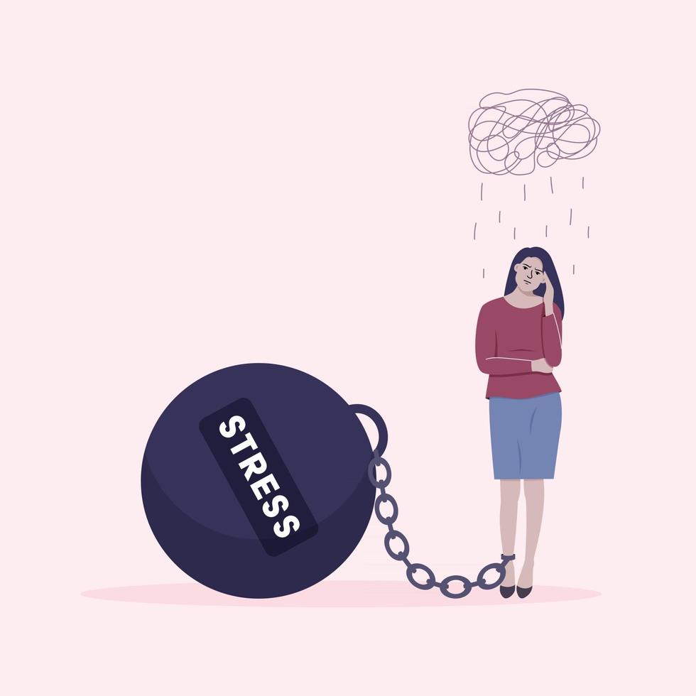 Stressed young woman with a big stress weight vector