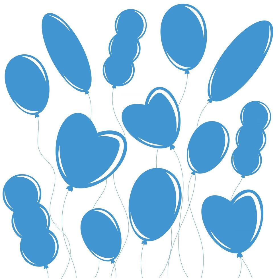 Set of flat isolated blue silhouettes of balloons on ropes. Simple design on white background vector