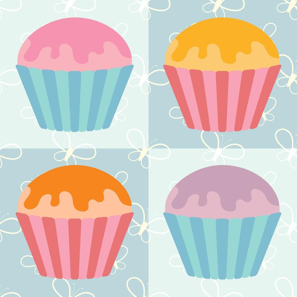 A set of flat colored isolated pastries with glaze of various colors. In striped baskets. On a blue background with abstract silhouettes of butterflies. vector