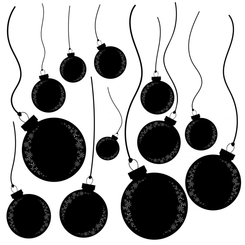 A set of flat black isolated silhouettes of Christmas toys balls on thin ropes. On a white background. Simple design for postcards. vector