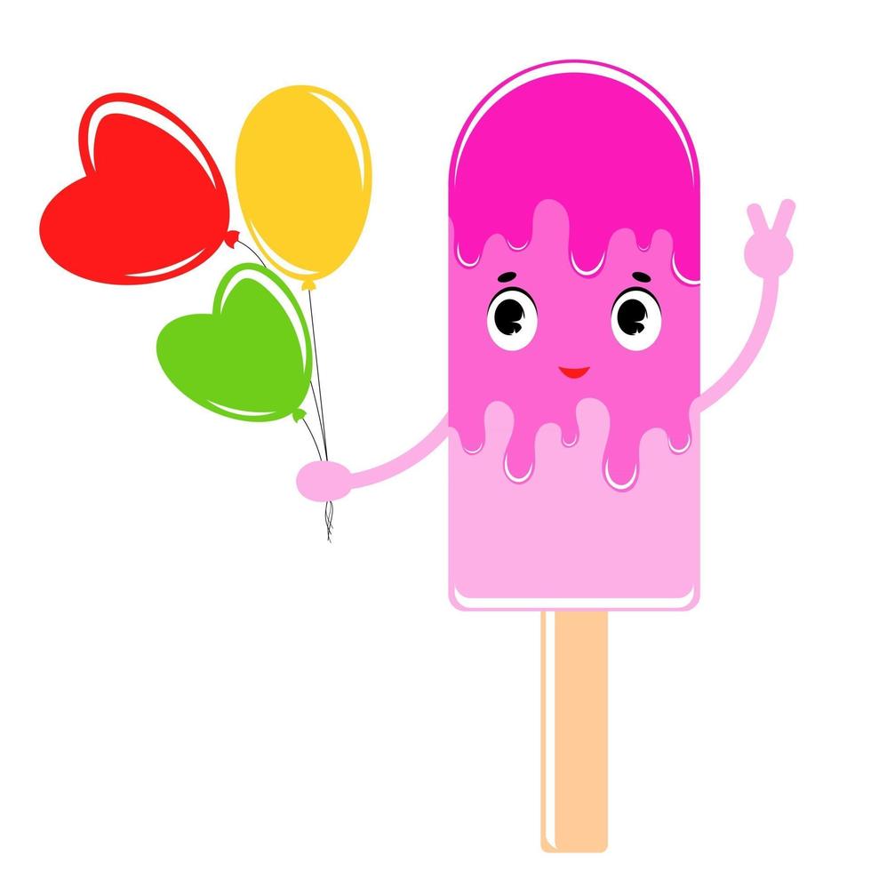 Flat colored isolated striped ice cream sprinkled with a pink glaze. On a wooden stick. With a bunch of bright water balloons in his hand. Simple drawing on a white background. vector