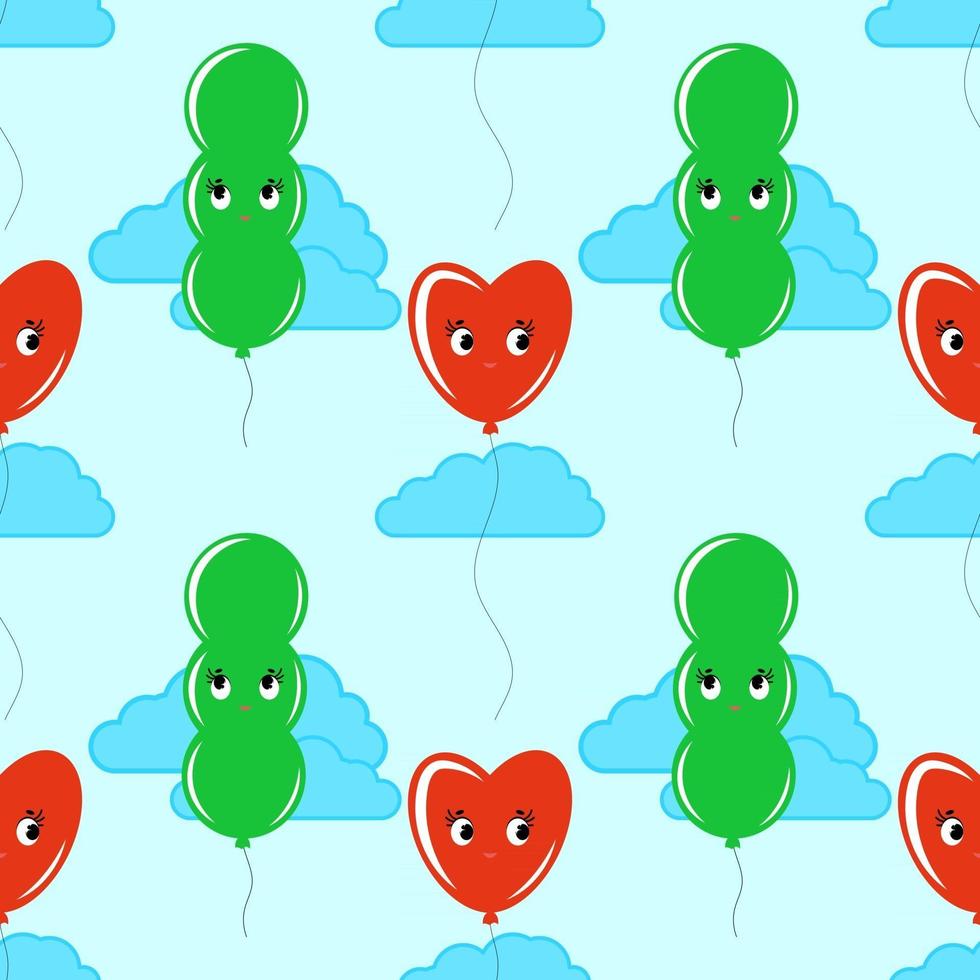 Color seamless pattern of cute smiling balloons on a blue background with clouds. Simple flat vector illustration. Suitable for Wallpaper, fabric, wrapping paper, covers.
