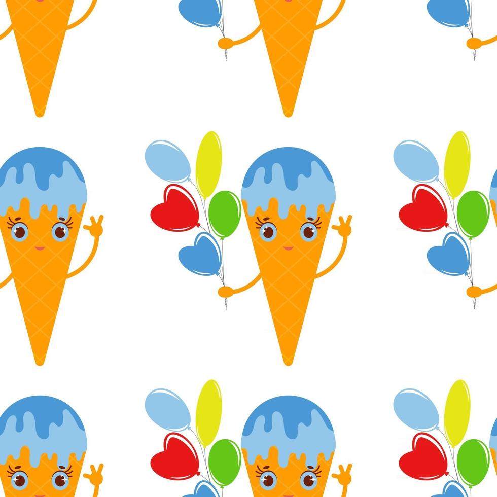 color seamless pattern of cartoon ice cream in a waffle Cup with a bunch of balloons in hand. Simple flat illustration on white background vector