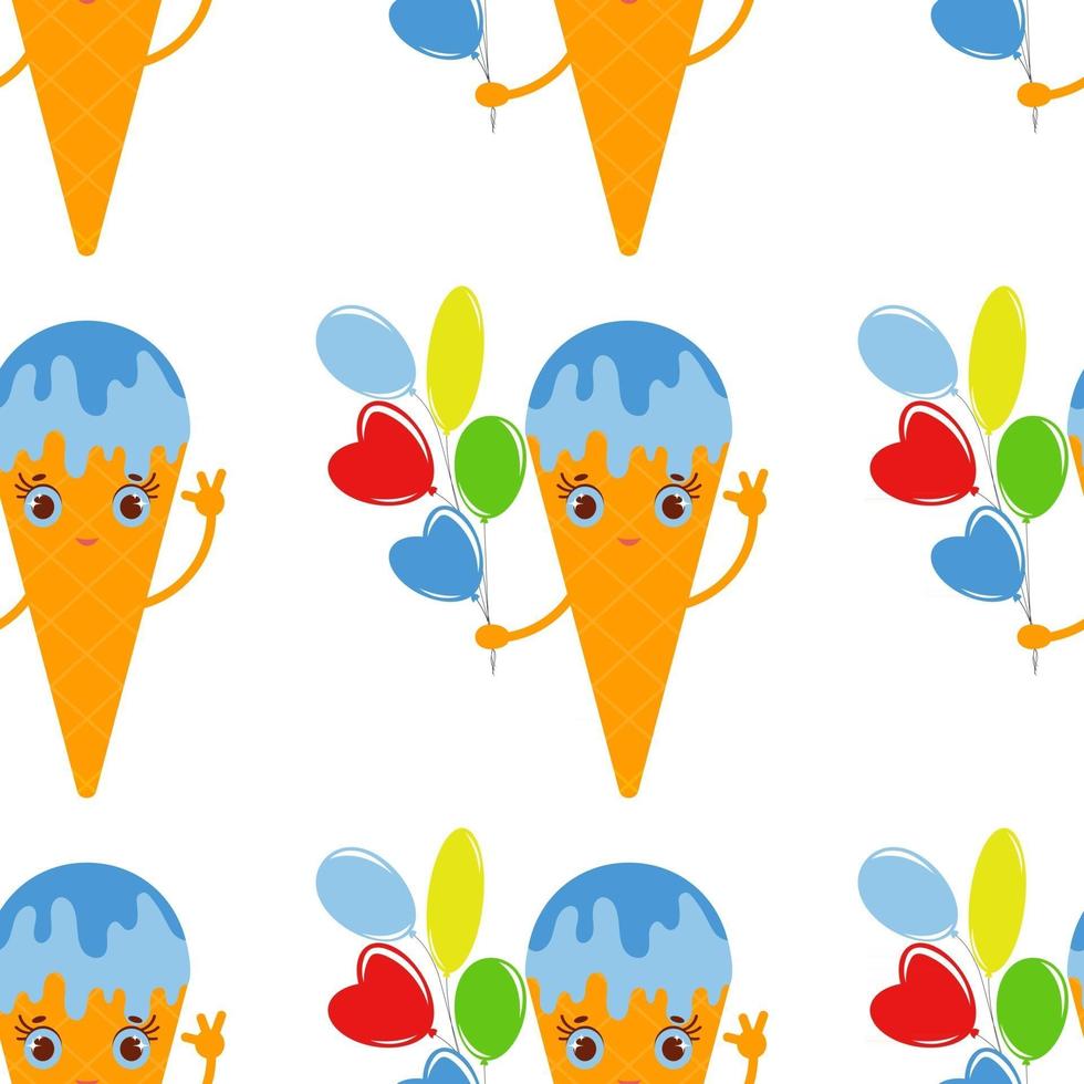 color seamless pattern of cartoon ice cream in a waffle Cup with a bunch of balloons in hand. Simple flat illustration on white background vector