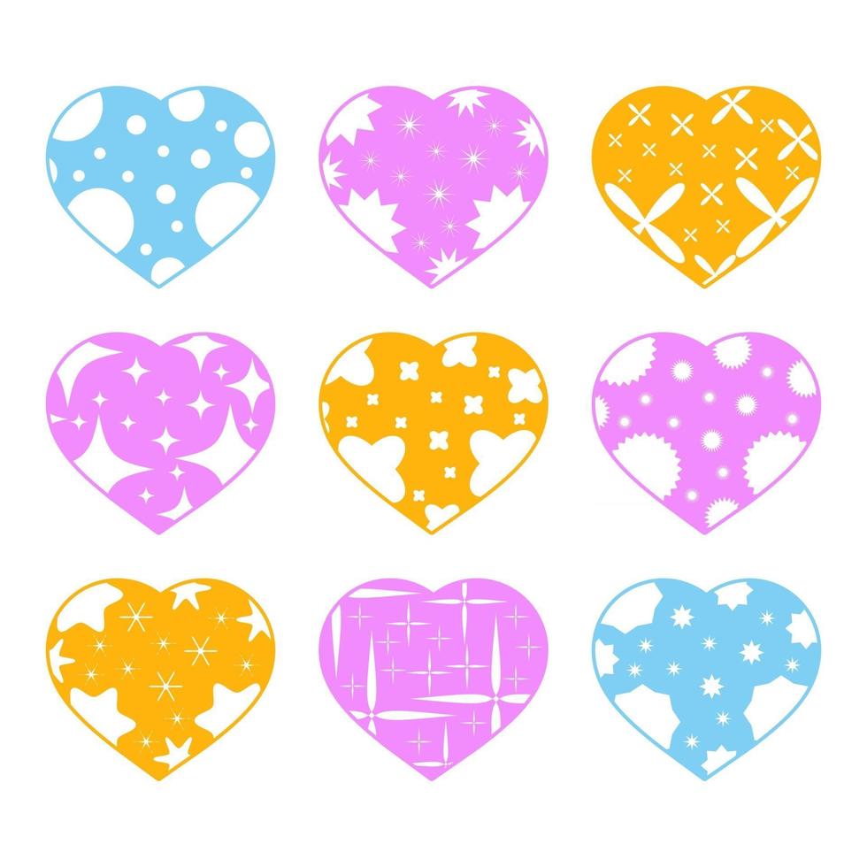 Set of color hearts isolated on white background. With abstract pattern. Simple flat vector illustration. Suitable for greeting card, weddings, holidays, sites.