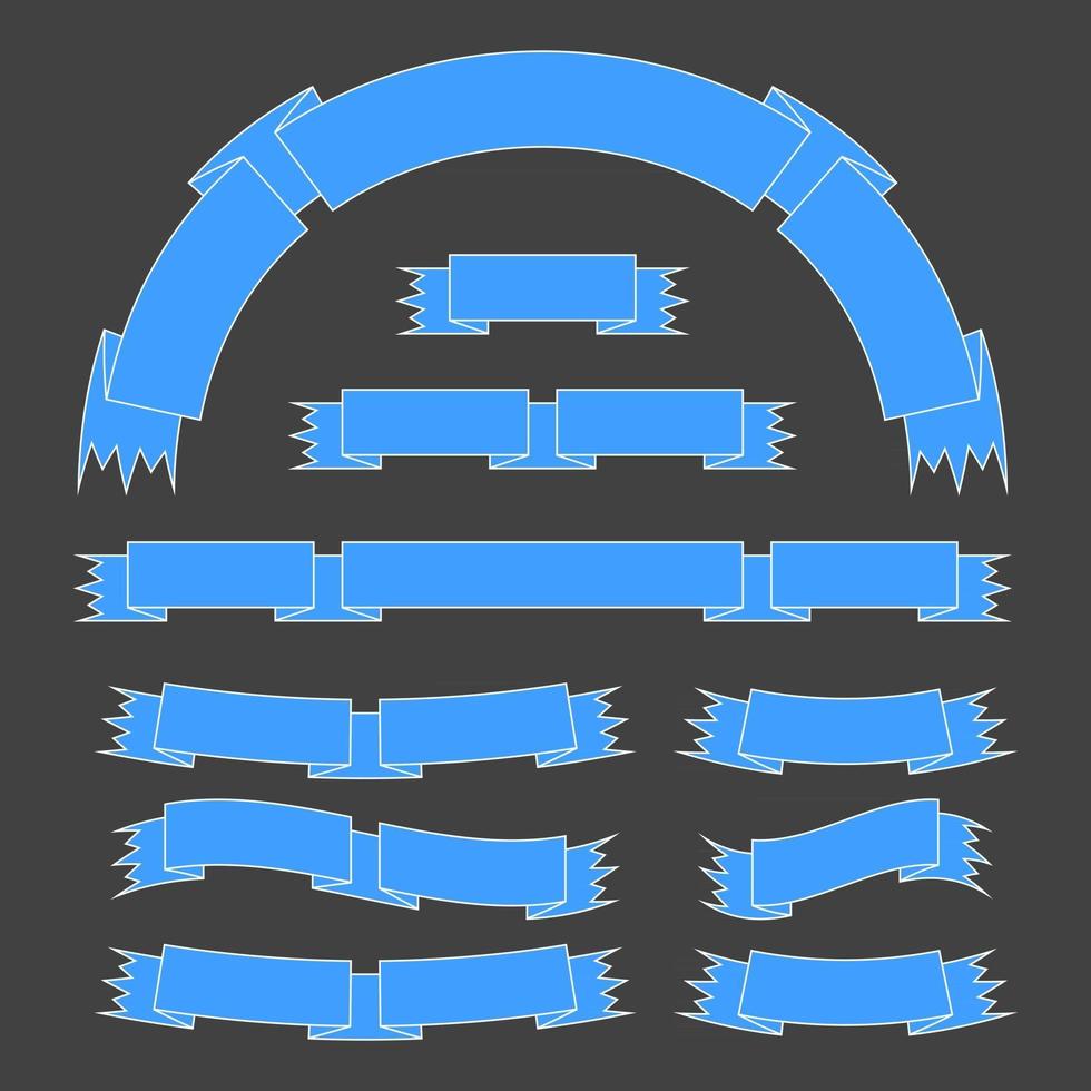 Set of flat isolated blue ribbons and banners on a dark background. Simple flat vector illustration. With place for text. Suitable for infographics, design, advertising, festivals, labels.