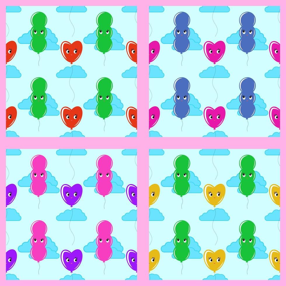 Set color seamless pattern of cute smiling balloons on a blue background with clouds. Simple flat vector illustration. Suitable for Wallpaper, fabric, wrapping paper, covers.