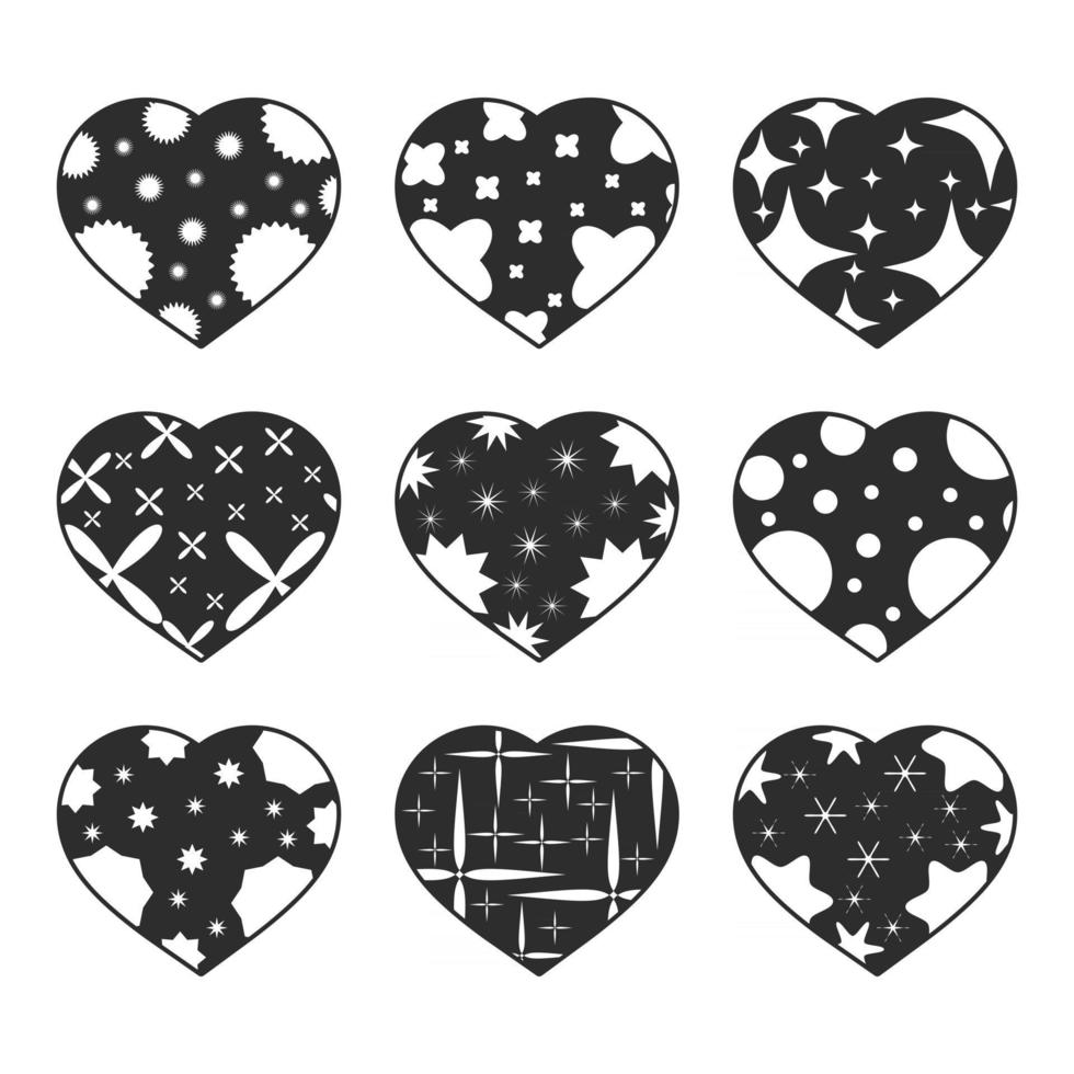 conjunto de corazones negros aislados sobre un fondo blanco. con patrón abstracto. Ilustración de vector plano simple. adecuado para tarjetas de felicitación, bodas, vacaciones, sitios.