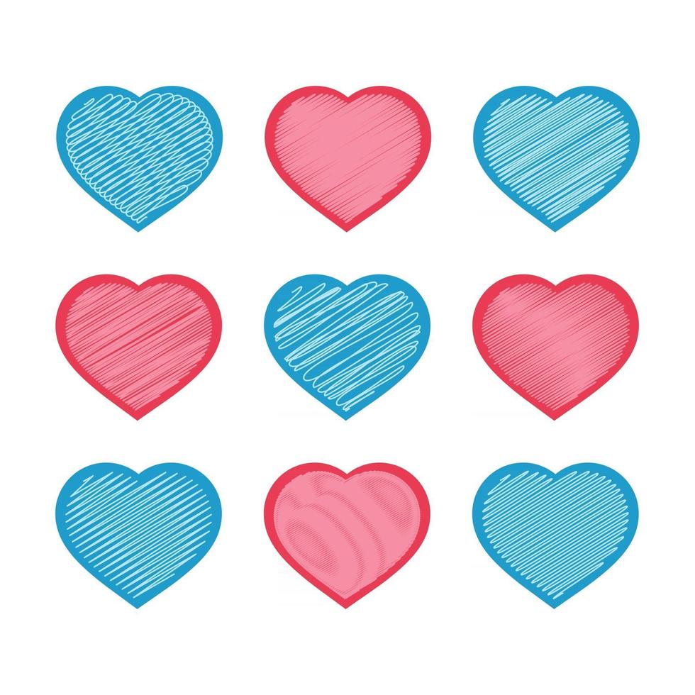 Set of red and blue hearts isolated on white background. With an abstract pattern of lines. Simple flat vector illustration. Suitable for greeting card, weddings, holidays, sites.