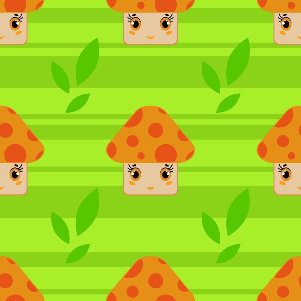 Color seamless pattern of cute smiling mushrooms on a green striped background . Simple flat vector illustration. Suitable for Wallpaper, fabric, wrapping paper, covers.