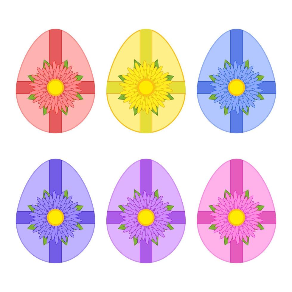 un conjunto de huevos de Pascua de colores aislados atados con cintas y una flor sobre un fondo blanco. Ilustración de vector plano simple. Apto para decoración de postales, publicidad, revistas, sitios web.