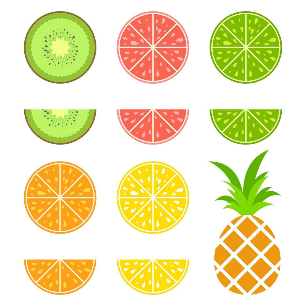 Set of colored isolated apetitic fruits on a white background. Juicy, bright, delicious tropical food. Simple flat vector illustration. Kiwi, grapefruit, lime, orange, lemon, pineapple