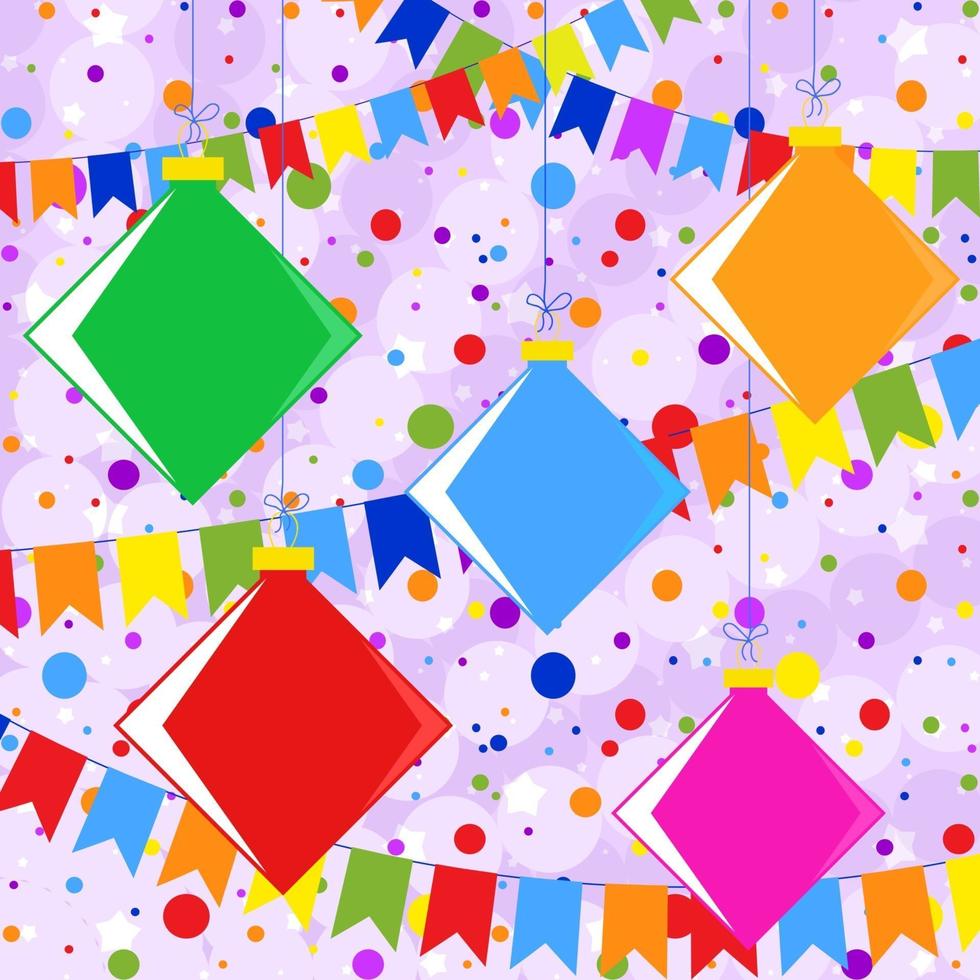 Flat colored set of isolated Christmas decorations square shaped thin ropes with bows. On a background of garlands and confetti. Simple design for postcards. vector