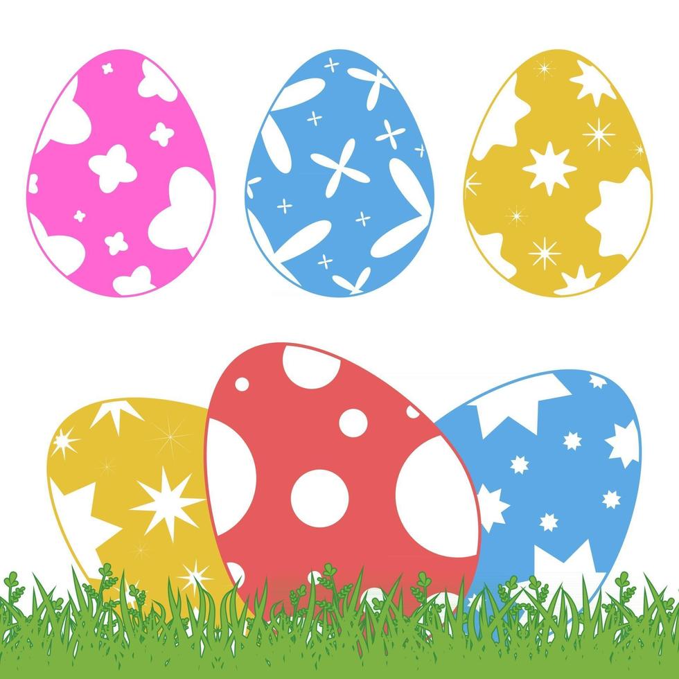 Set of colored isolated Easter eggs on green grass on a white background. With an abstract pattern. Simple flat vector illustration. Suitable for decoration of postcards, advertising, magazines, websites.