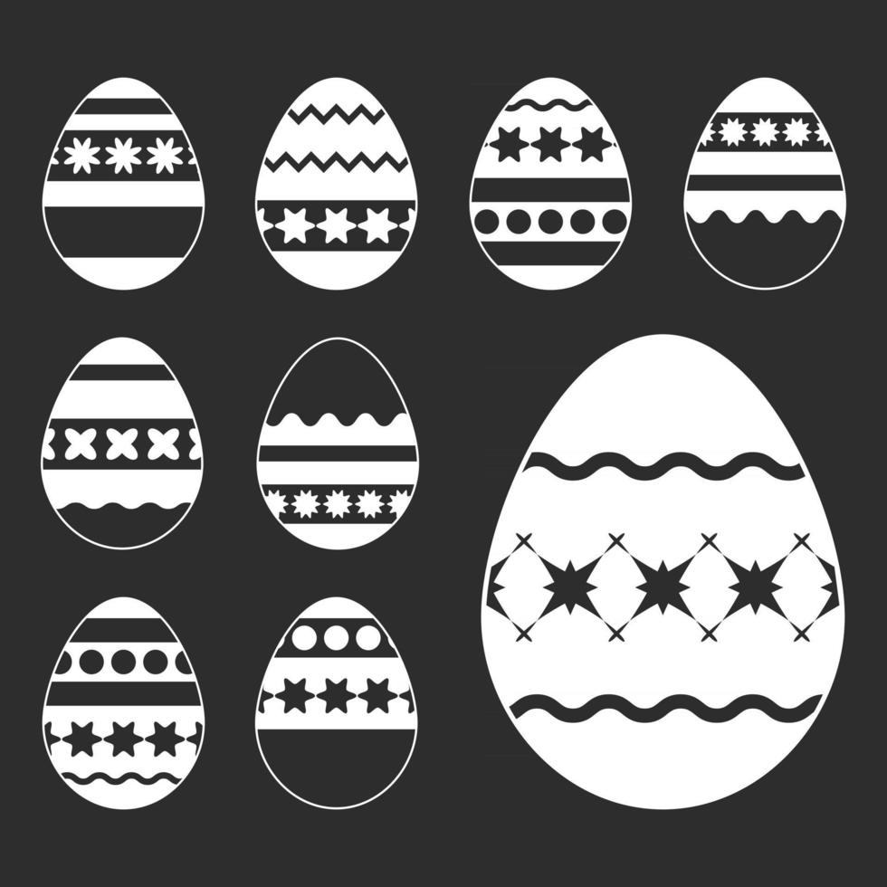 conjunto de huevos de Pascua blancos aislado en un fondo negro. con un patrón bastante abstracto. Ilustración de vector plano simple.