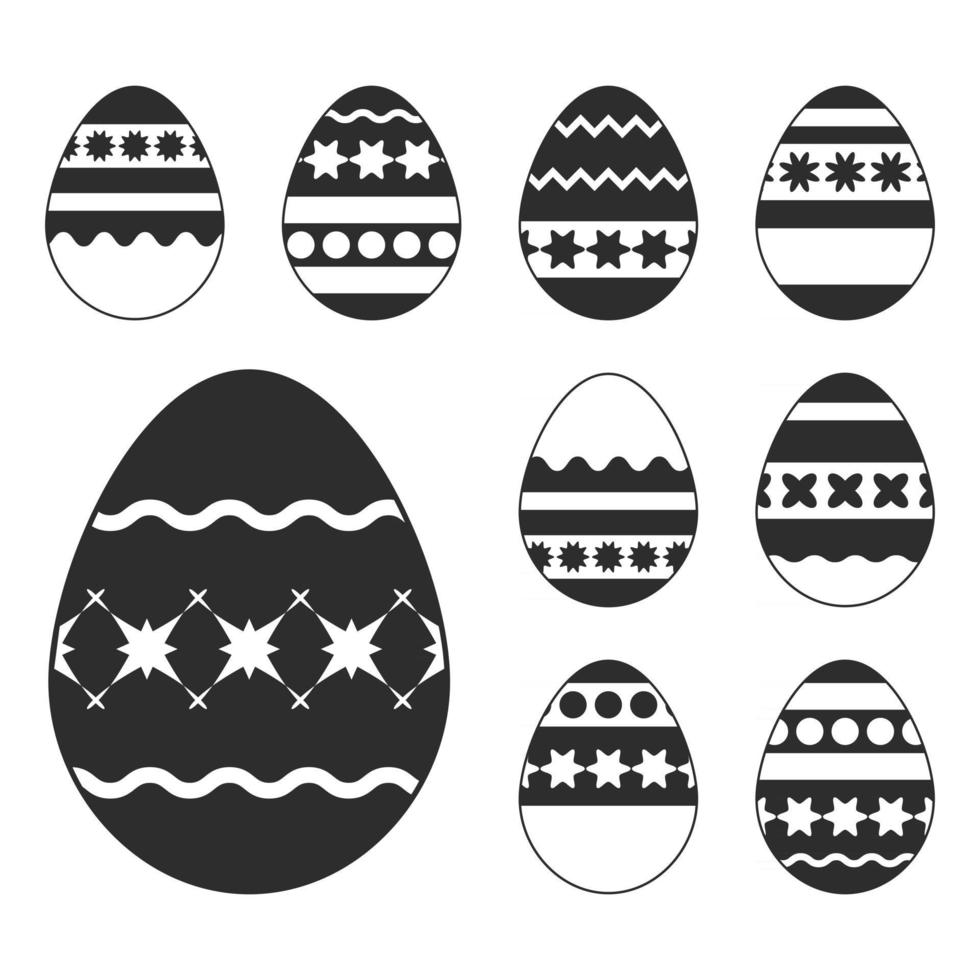 conjunto de huevos de Pascua blancos aislado en un fondo negro. con un patrón bastante abstracto. Ilustración de vector plano simple.