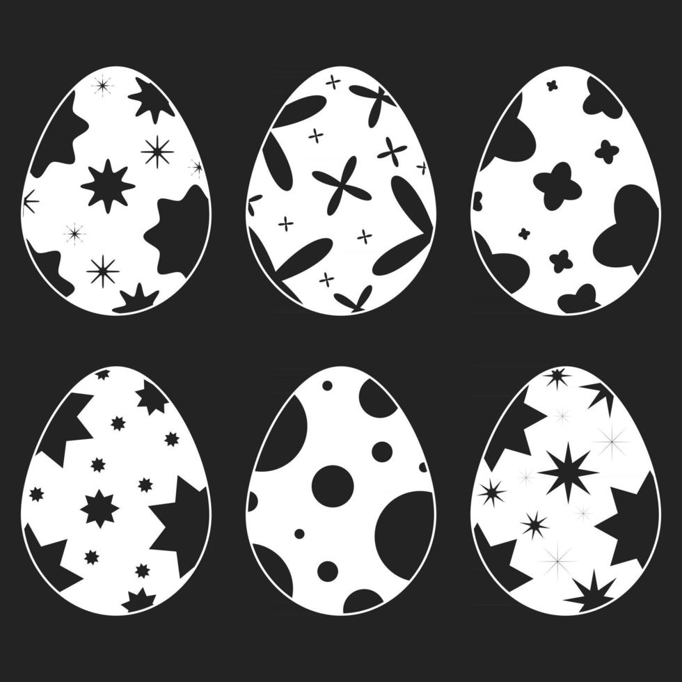 conjunto de siluetas blancas aisladas de huevos de Pascua sobre un fondo negro. con un patrón abstracto. Ilustración de vector plano simple. Apto para decoración de postales, publicidad, revistas, sitios web.