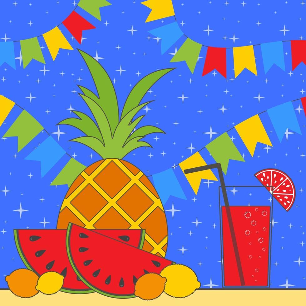 set of tropical fruits and a glass with juice and straw. Pineapple, lemon, watermelon. Against a background of garlands and a falling candy. Simple color flat vector illustration.