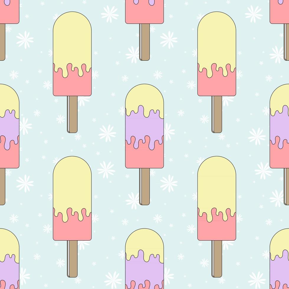 Color seamless pattern of delicious melting ice cream on a blue background. Simple flat vector illustration. Suitable for Wallpaper, fabric, wrapping paper, covers.