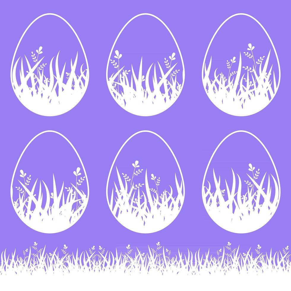 Set of white blank isolated Easter eggs on a purple background. With an abstract floral pattern. Simple flat vector illustration. Suitable for decoration of postcards, advertising, magazines, websites.