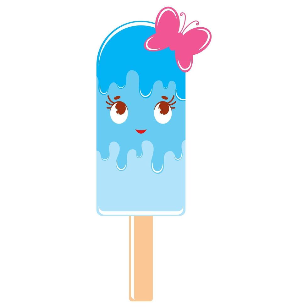 Flat colored isolated striped ice cream sprinkled with glaze of blue color. On a wooden stick. With a little pink butterfly. Simple drawing on a white background. vector