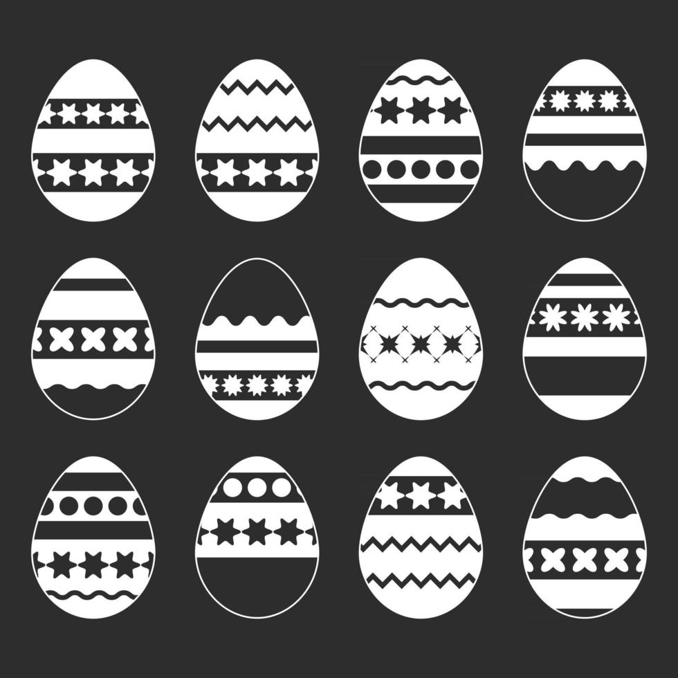 Set of white isolated silhouettes of Easter eggs on a black background. With an abstract pattern. Simple flat vector illustration. Suitable for decoration of postcards, advertising, magazines, websites.