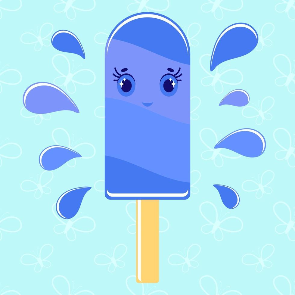 helado de rayas aisladas de color plano espolvoreado con esmalte de color azul. en un palo de madera. con salpicaduras de agua sobre un fondo azul. vector