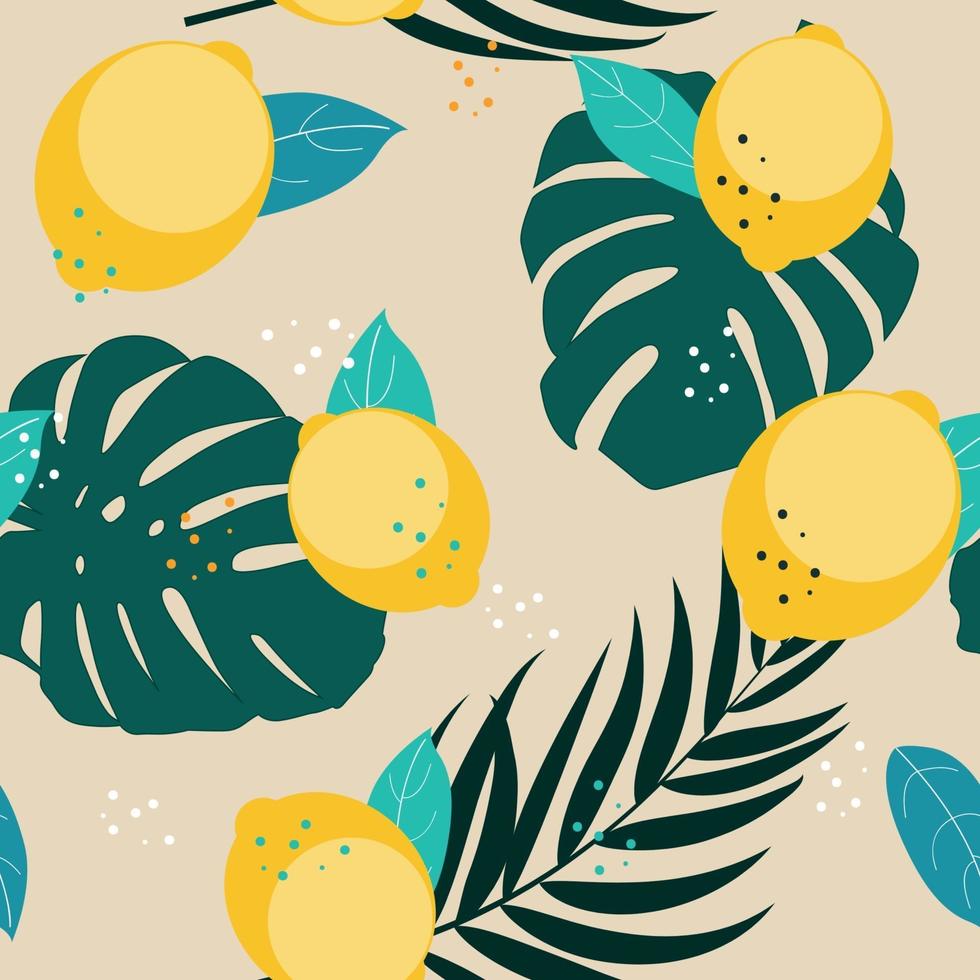 Abstract Seamless Pattern Background with Lemon and Palm Leaves Vector Illustration