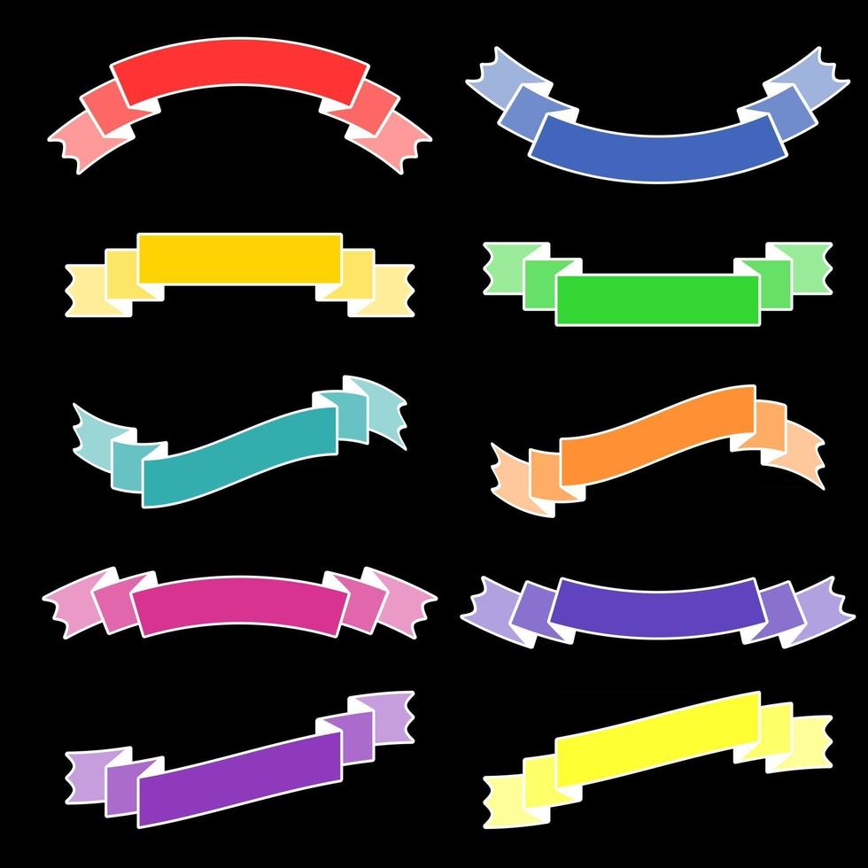 Set of isolated flat colored ribbon banners with white stroke. On a black background. Suitable for design vector