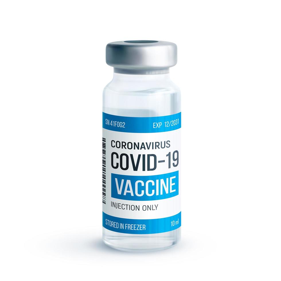 Covid-19 coronavirus vaccine concept. Realistic medical glass vial with metal cap isolated on white background. Vaccination against 2019-nCoV virus. Covid19 immunization treatment. vector