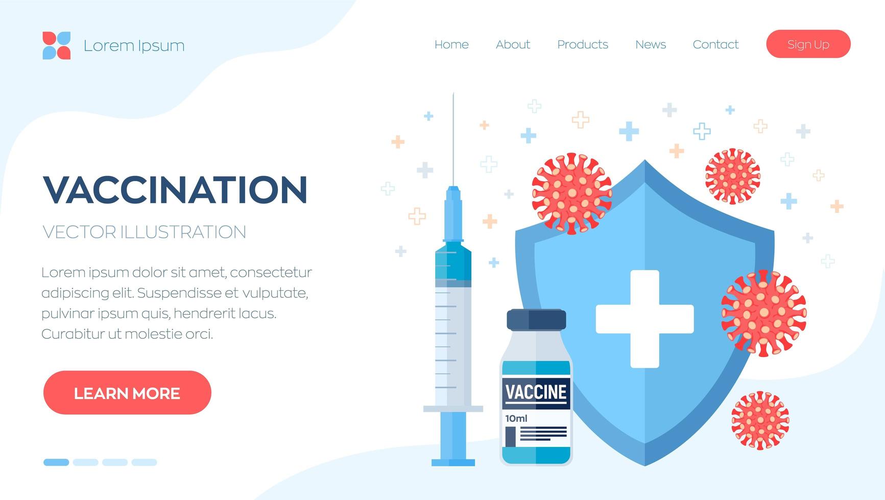 Vaccination concept. Immunization campaign. Vaccine shot. Health care and protection. Syringe with a vaccine bottle protection shield and virus. Medical treatment. vector