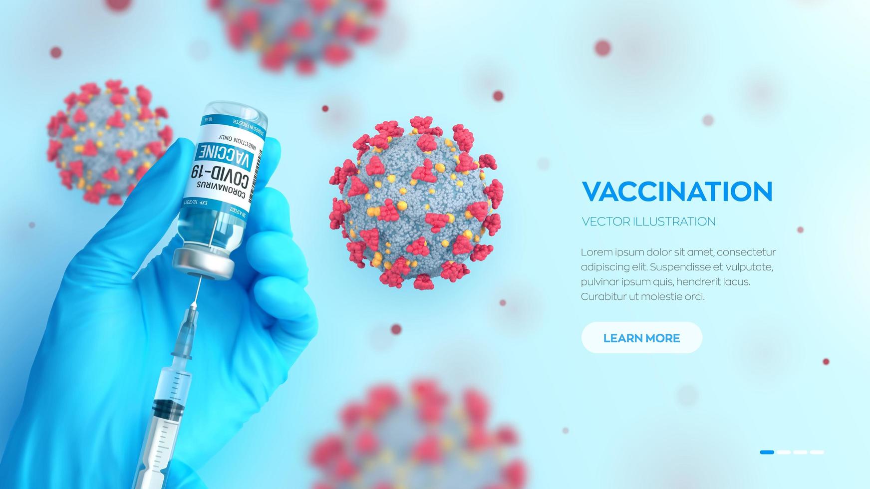 COVID-19 coronavirus vaccine. Vaccination concept. Doctor's hand in blue gloves hold medicine vaccine vial bottle and syringe. Microscopic view of virus cells. vector