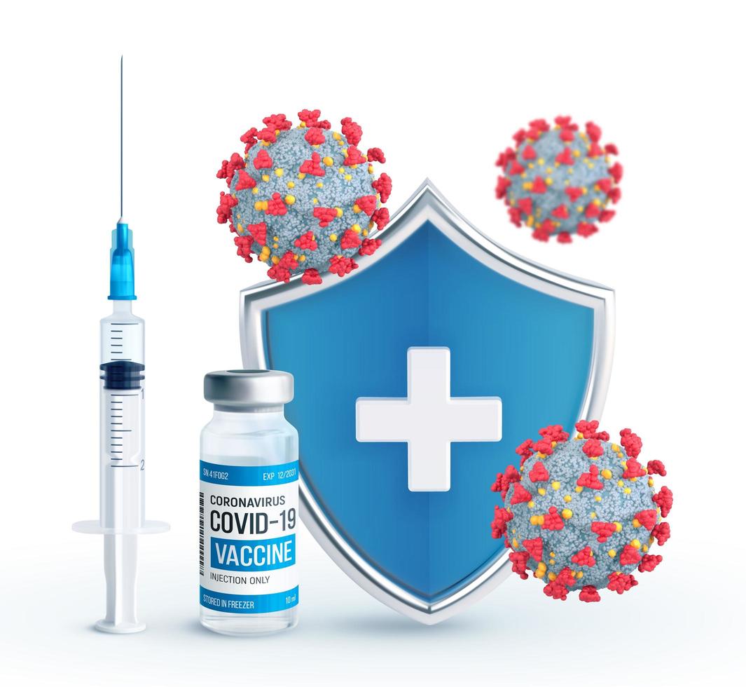 Vaccination concept. Immunization campaign. Vaccine shot. Health care and protection. Syringe with a vaccine bottle protection shield and virus cells. Medical treatment. vector