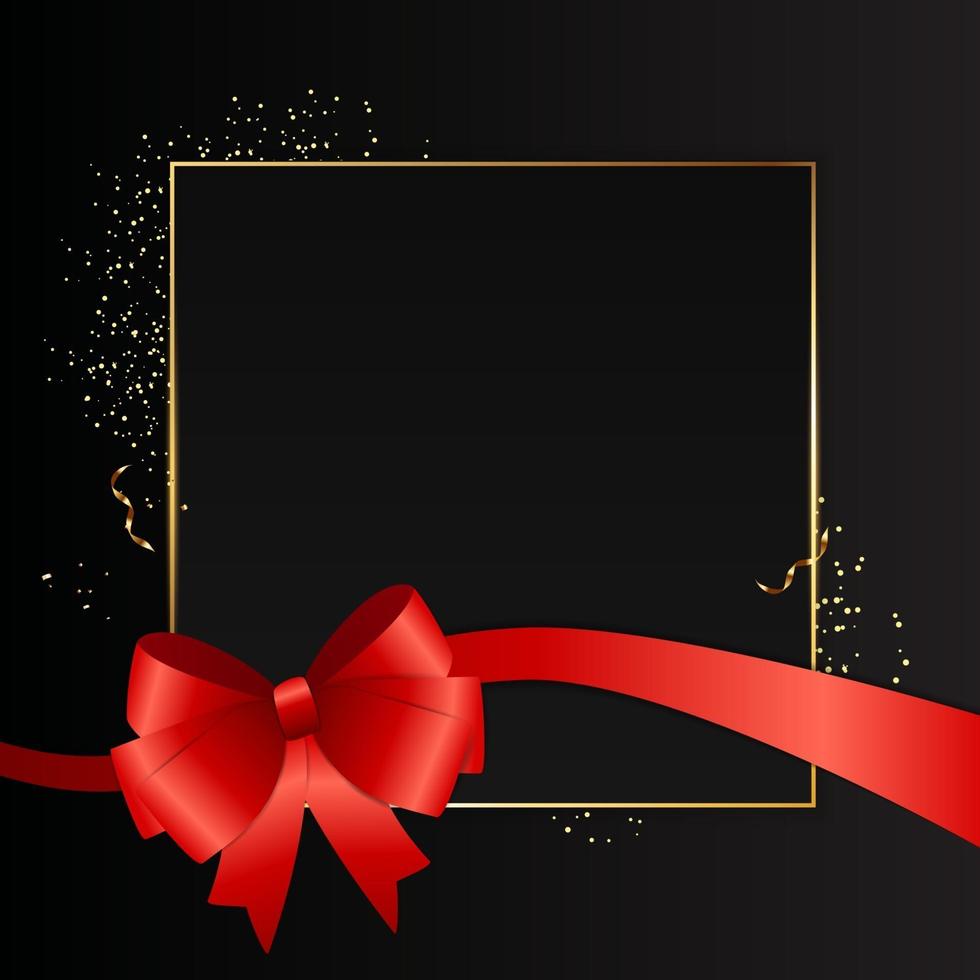 Abstract Black Background with Golden Frame and Red ribbon. Vector Illustration