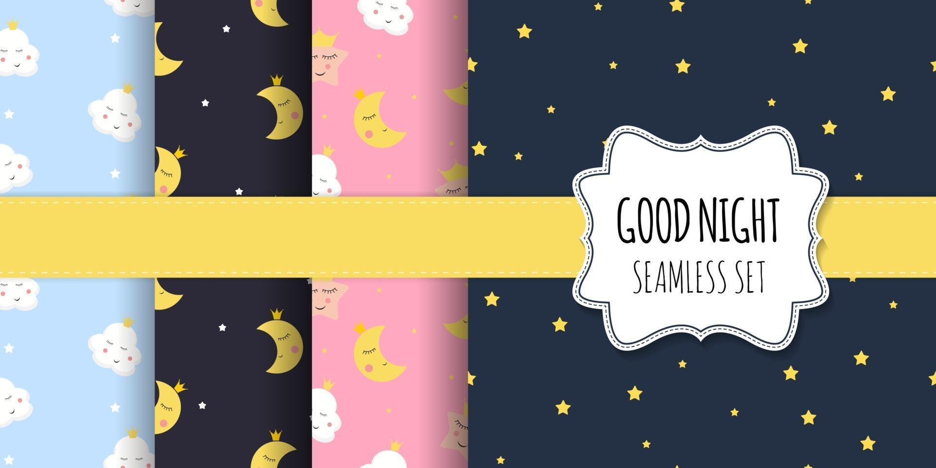 Collection of Kids Seamless Pattern Backgrounds with Cute Night Stars, Moon and Cloud. Vector Illustration