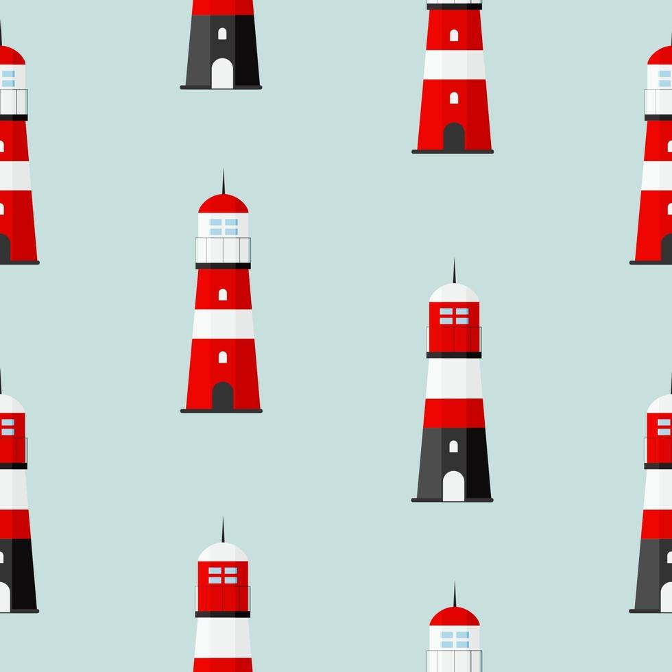 Searchlight Lighthouse towers for marine navigation of ship seamless pattern background. Vector Illustration