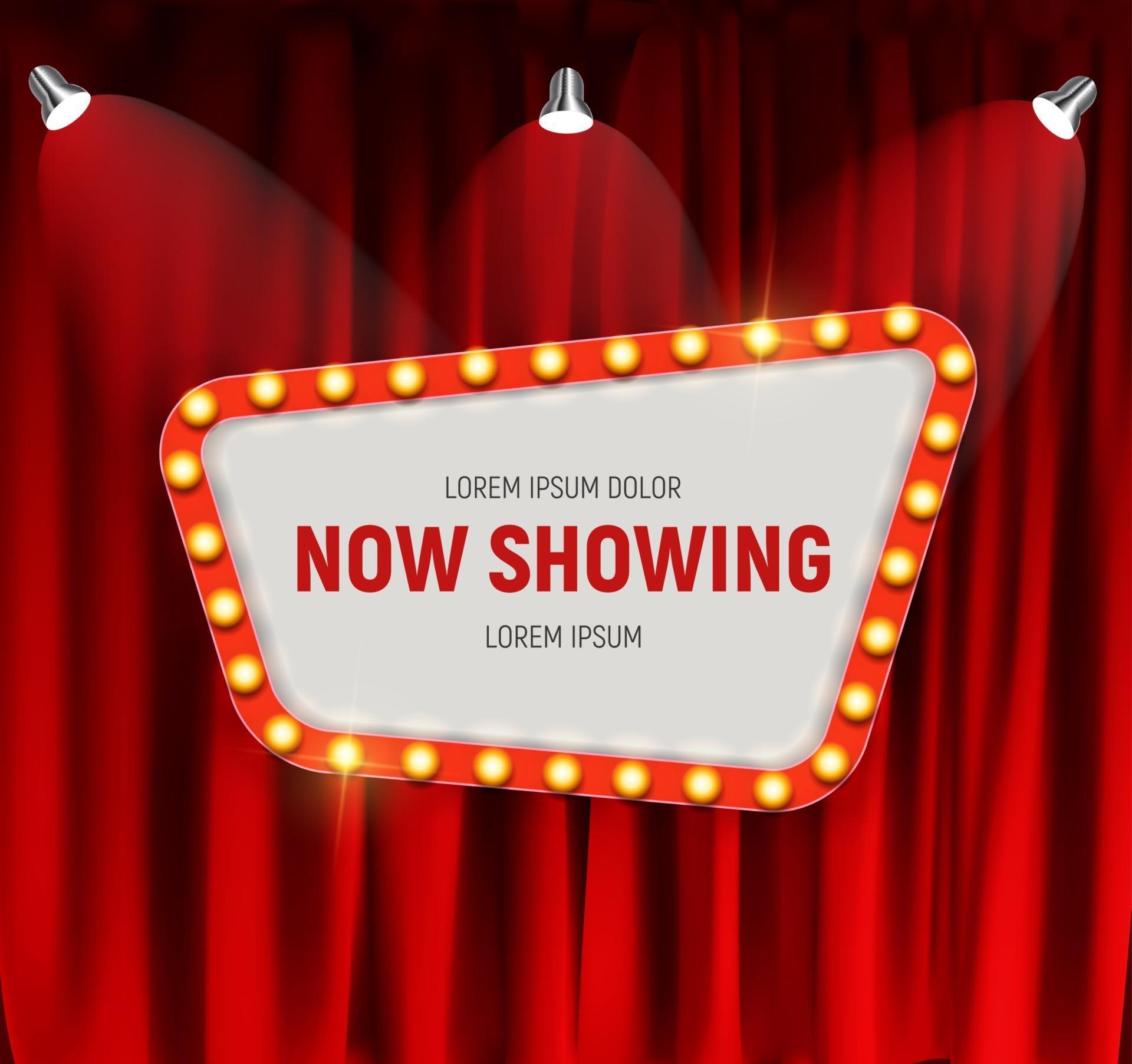 Now Showing announcement board with bulb frame on curtains background