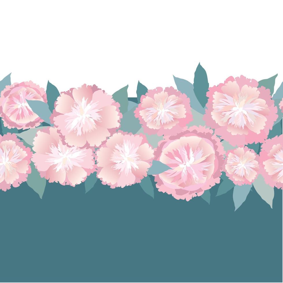 Flower peony garland seamless pattern. Floral bouquet border frame. Flourish greeting card design. Blooming garden pink flowers isolated on light green summer background vector