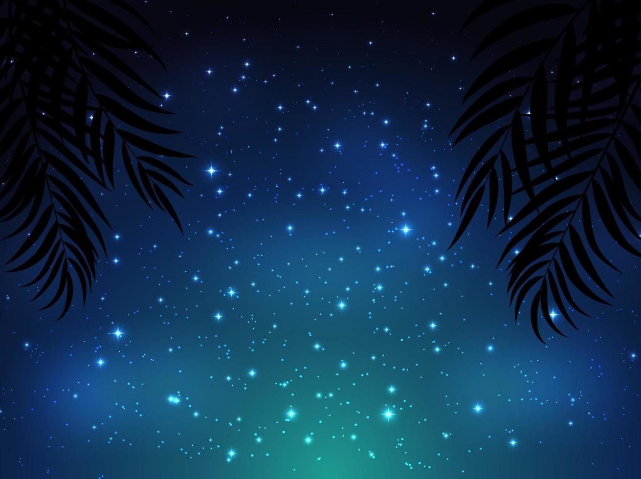 Night shining starry sky background with Palm Leaves. Vector Illustration