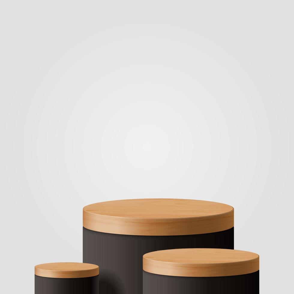 Escena mínima abstracta con formas geométricas. Podio de madera cilíndrica en fondo blanco con hojas. presentación de producto, maqueta, mostrar producto cosmético, podio, pedestal de escenario o plataforma. Vector 3d