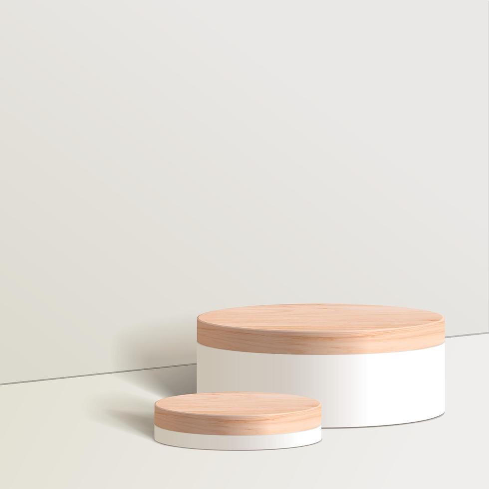 Abstract minimal scene with geometric forms. cylinder wood podium in white background with leaves. product presentation, mock up, show cosmetic product, Podium, stage pedestal or platform. 3d vector