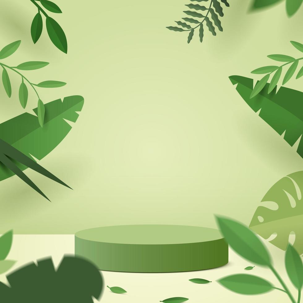 Escena mínima abstracta con formas geométricas. Podio del cilindro en fondo verde vector