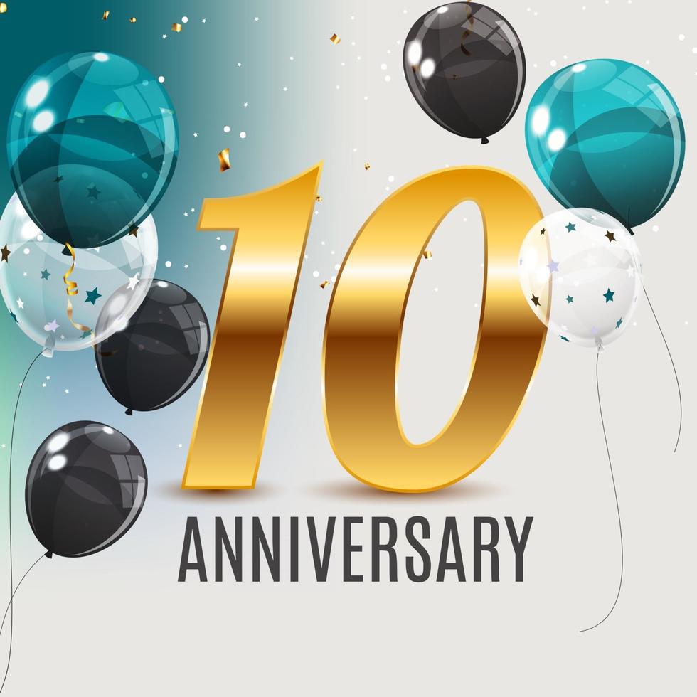 Celebrating 10 Anniversary emblem template design with gold numbers poster background. Vector Illustration