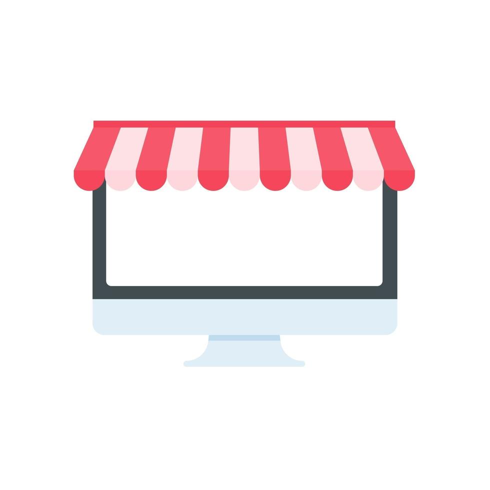 Ordenador portátil con toldo rojo y bolsas de compras en línea concepto de tienda vector