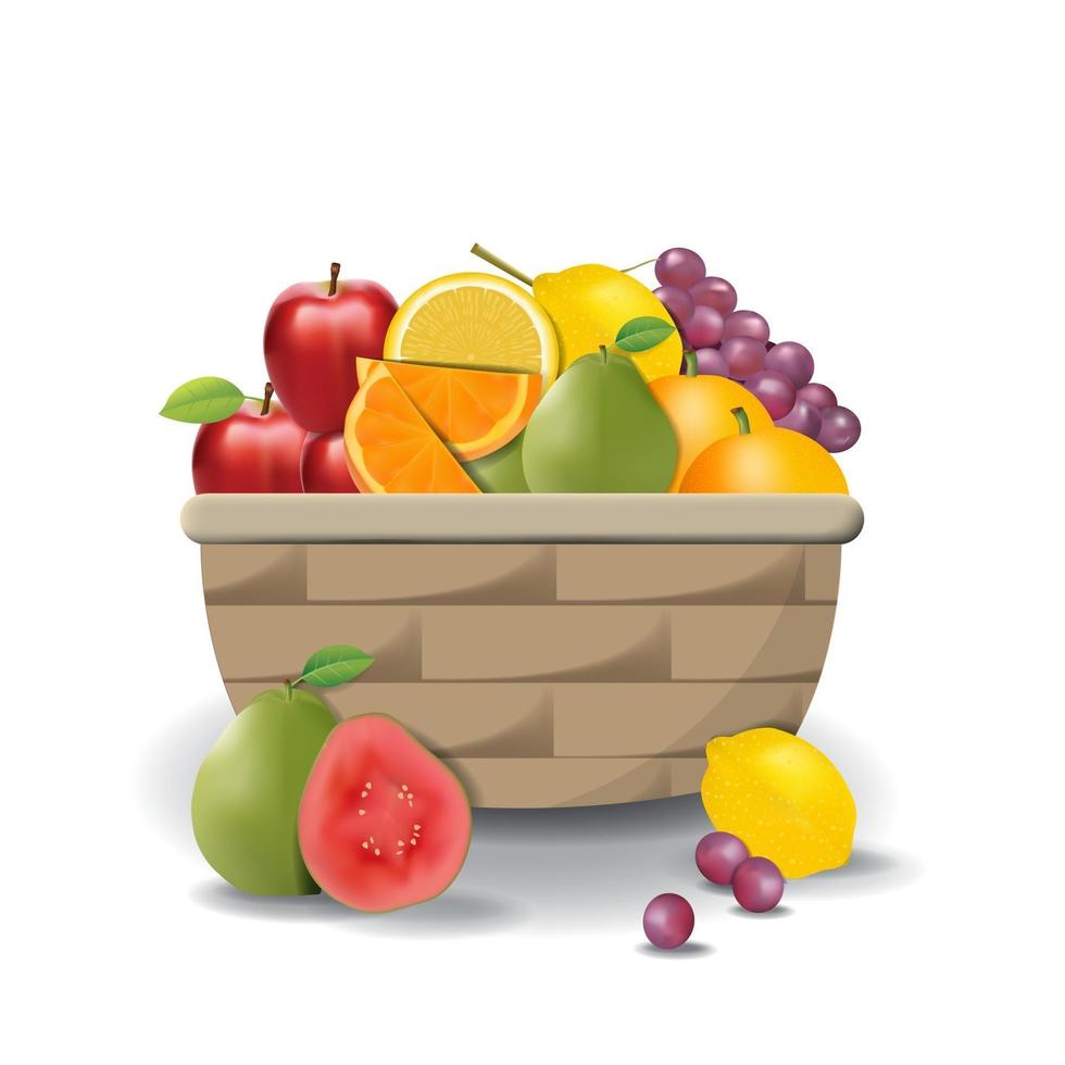 frutas frescas naturales realistas en la ilustración de vector aislado de verano de canasta 01